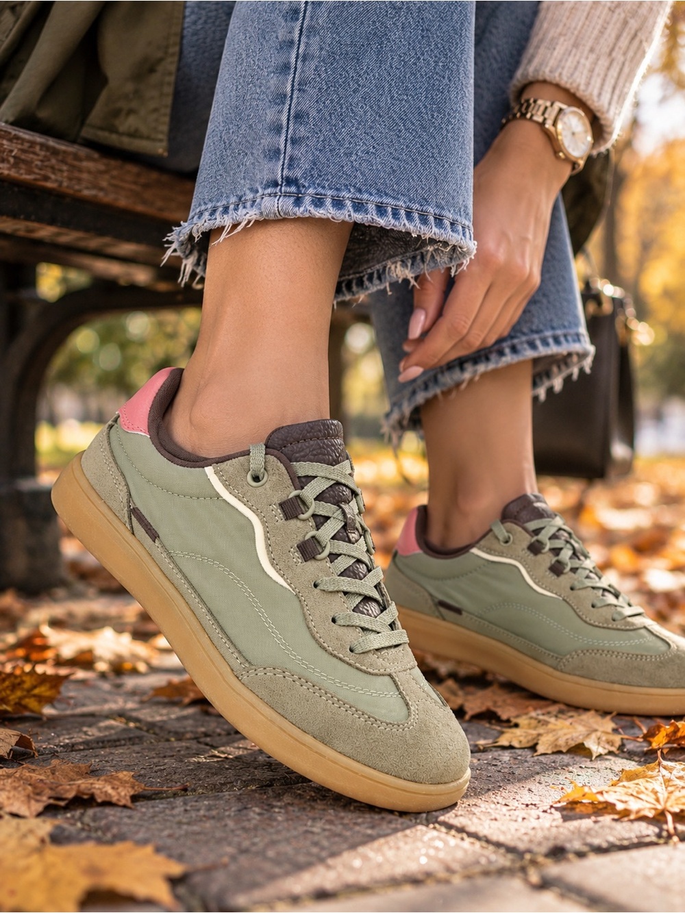 ZARA Women’s Retro Sneakers EU 37 US 6.5 Khaki Green Pink Suede Gum Sole Low Top